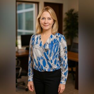 Alfani Petite Large Blouson Long Sleeve Blouse – Blue Gray Abstract Print